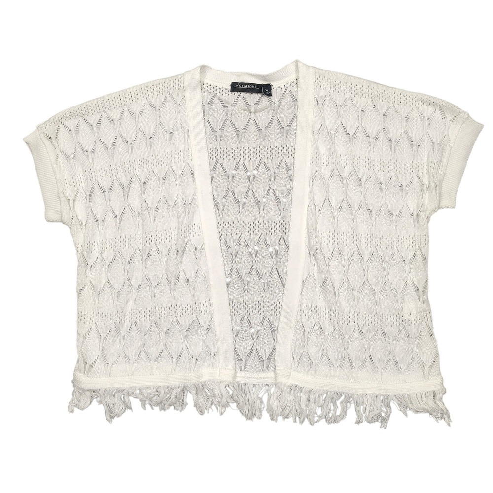 Notations Cardigan Women XL Fringe Open Front Pointelle Knit White MSSR0860